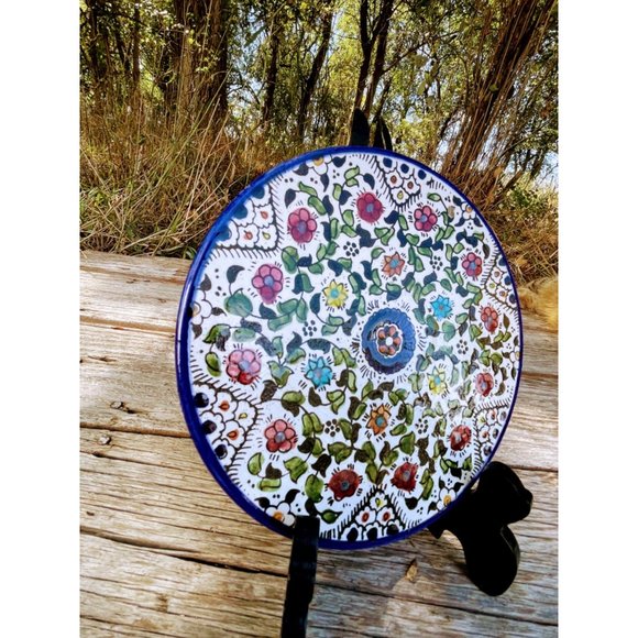 Vintage Stoneware tea trivet Hot Plate Blue floral Hand Painted - Picture 5 of 11